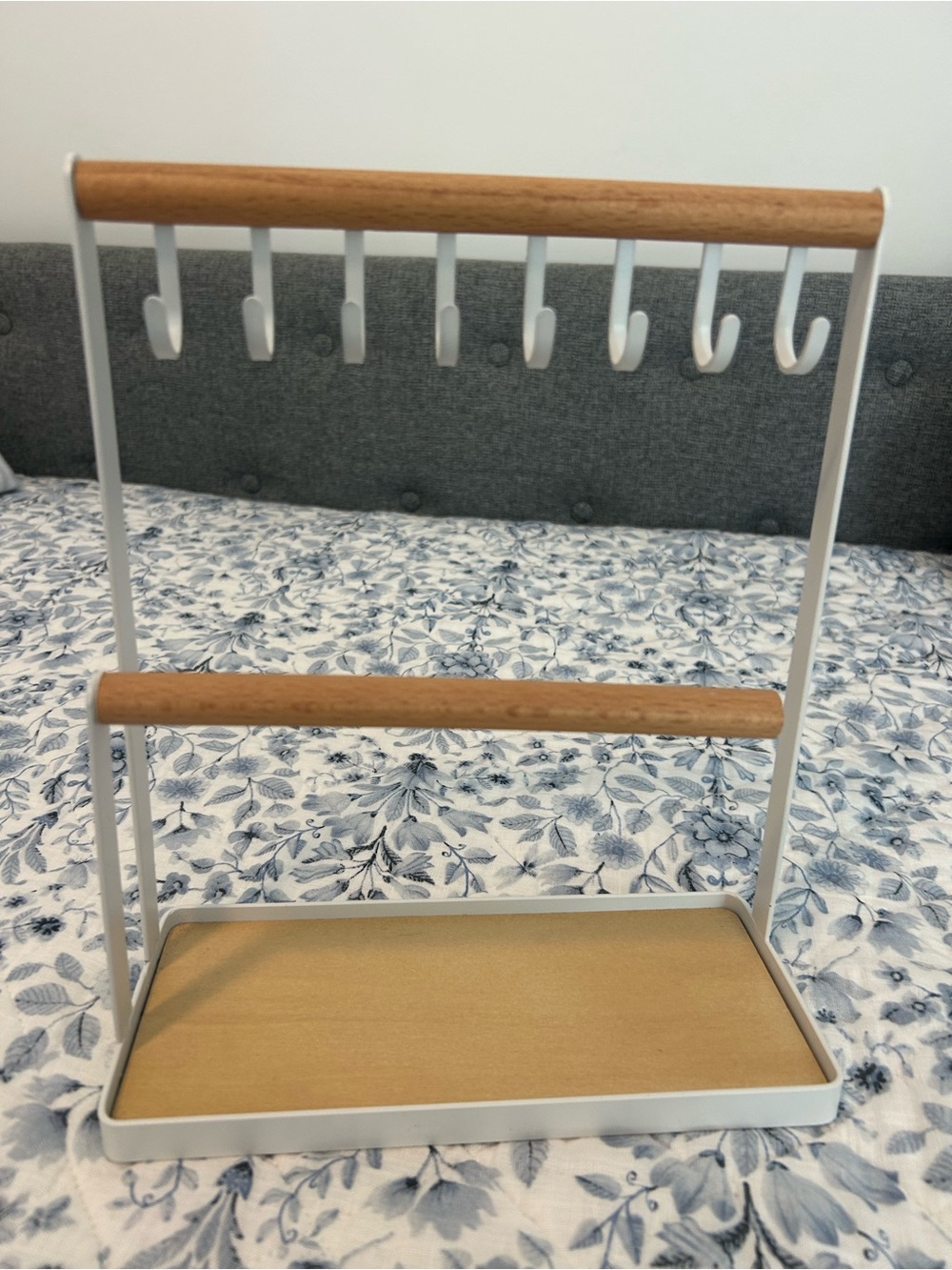 White Wood & Metal Jewelry Organizer Stand 8 Hooks Tray